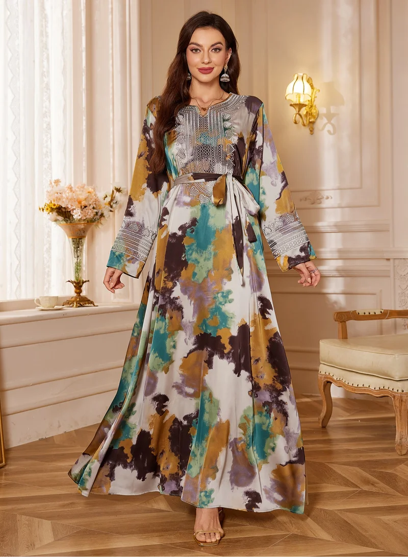 Madam Uniq Colorful Embroidered Long-Sleeve Abaya with Belt – Elegant Women's Traditional Dress