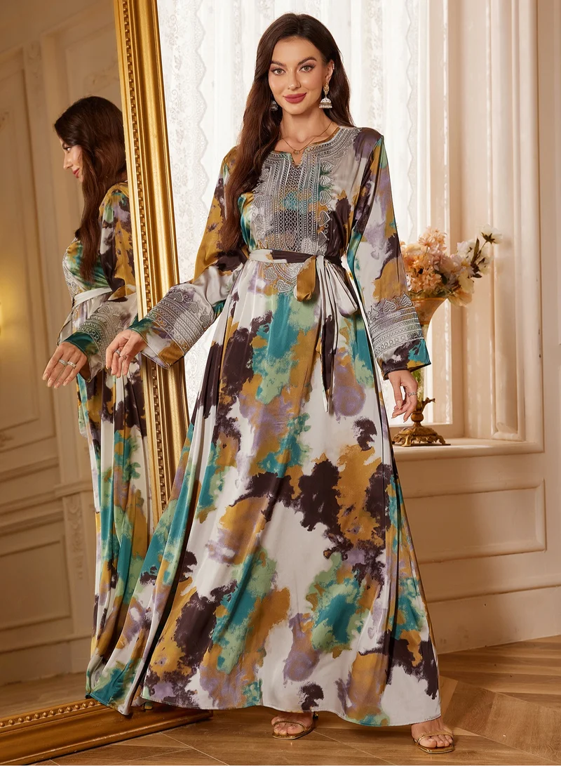 Madam Uniq Colorful Embroidered Long-Sleeve Abaya with Belt – Elegant Women's Traditional Dress