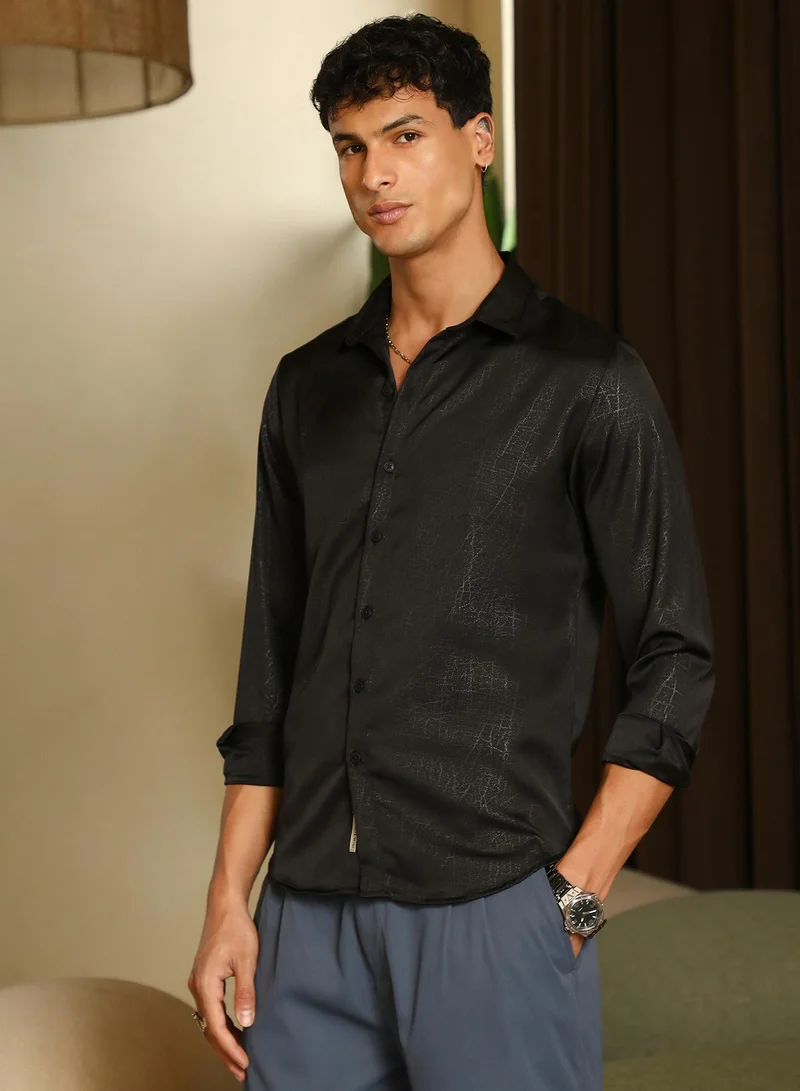 CAHOOT  Men's Onyx Black Axon-Jacquard Satin Shirt for Men | Best Price UAE
