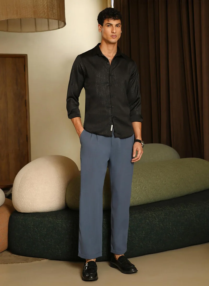 CAHOOT  Men's Onyx Black Axon-Jacquard Satin Shirt for Men | Best Price UAE