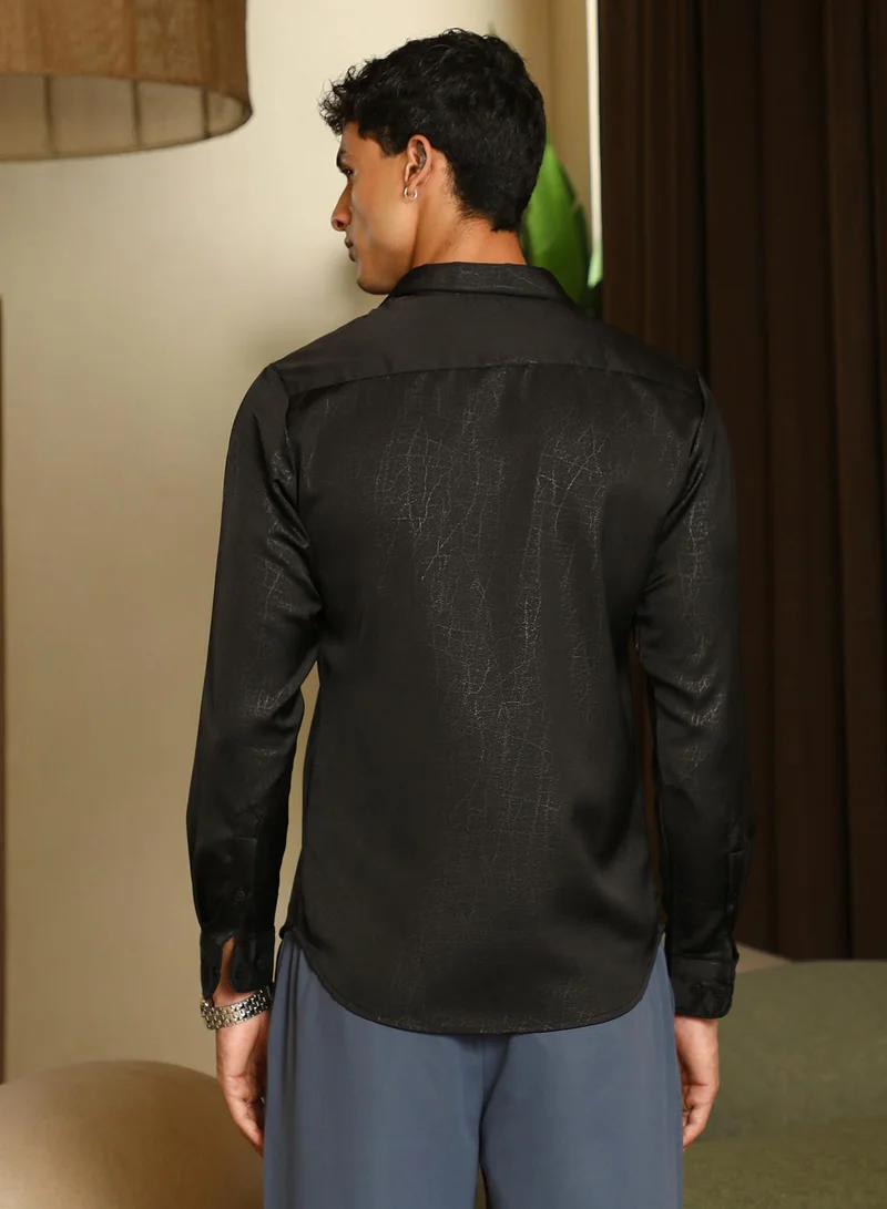 CAHOOT  Men's Onyx Black Axon-Jacquard Satin Shirt for Men | Best Price UAE