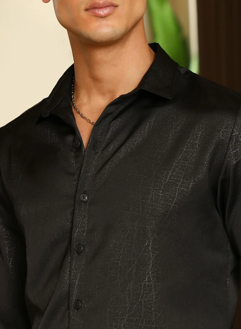 CAHOOT  Men's Onyx Black Axon-Jacquard Satin Shirt for Men | Best Price UAE