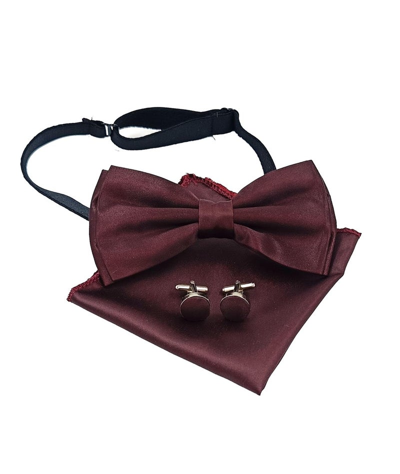 UTF Store Mens Solid Color Double Fold Pre-tied Bow Tie and Pocket Square Cufflink Set - Image 1
