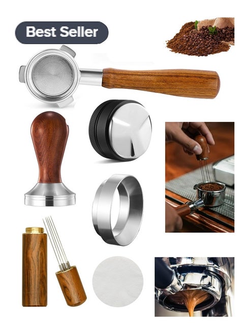 6 Pcs Professional Espresso Brewing Set for 51mm Delonghi machines, Includes Exposed Portafilter 51 mm, Portafilter Ring, 51mm Distributor, Needle Distributor, 51mm Tamper, 100 piece 51mm Filter Paper