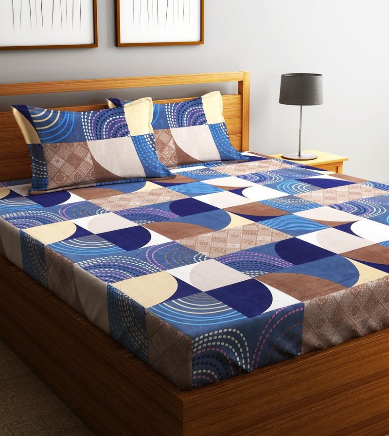 Fashion String 144TC Microfibre Blue Orbit Geometric Blue Double Bedsheet with 2 Pillow Covers - Image 1