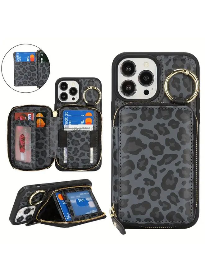 محفظة هاتف بتصميم نمر باللون الرمادي الداكن متوافقة مع آيفون 12 برو ماكس، تحتوي على فتحة للبطاقات، وحجرة بسحاب، وحلقة حامل - Image 1