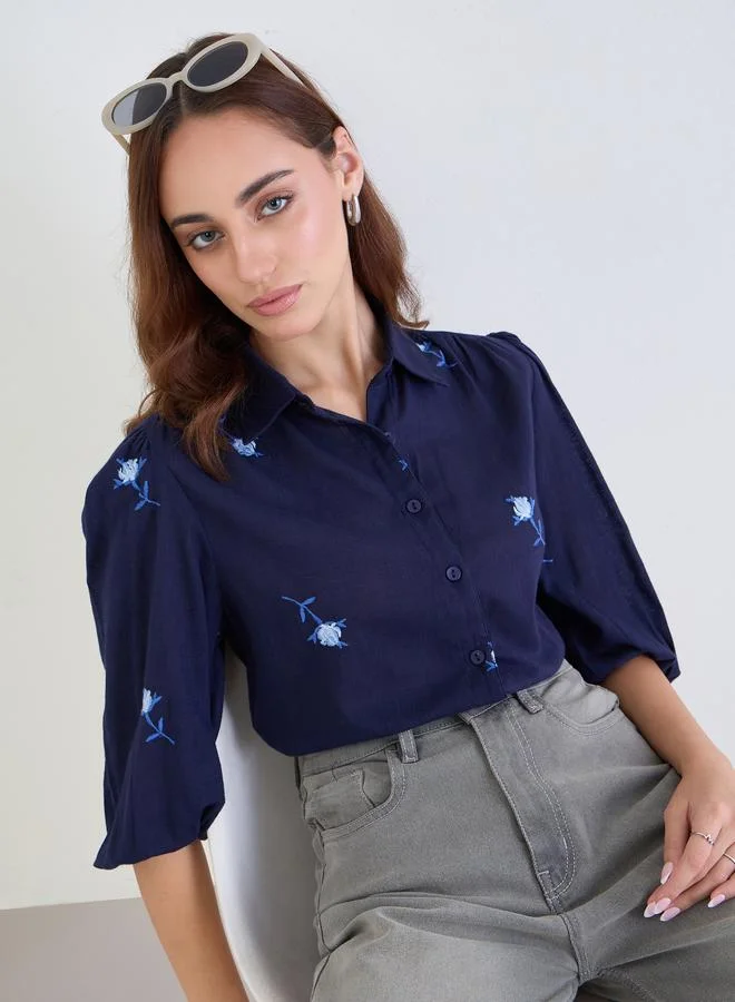 Styli Styli Navy Blue 3/4 Sleeves Embroidered Shirt