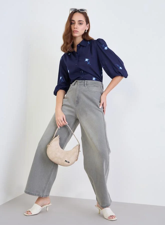 Styli Styli Navy Blue 3/4 Sleeves Embroidered Shirt