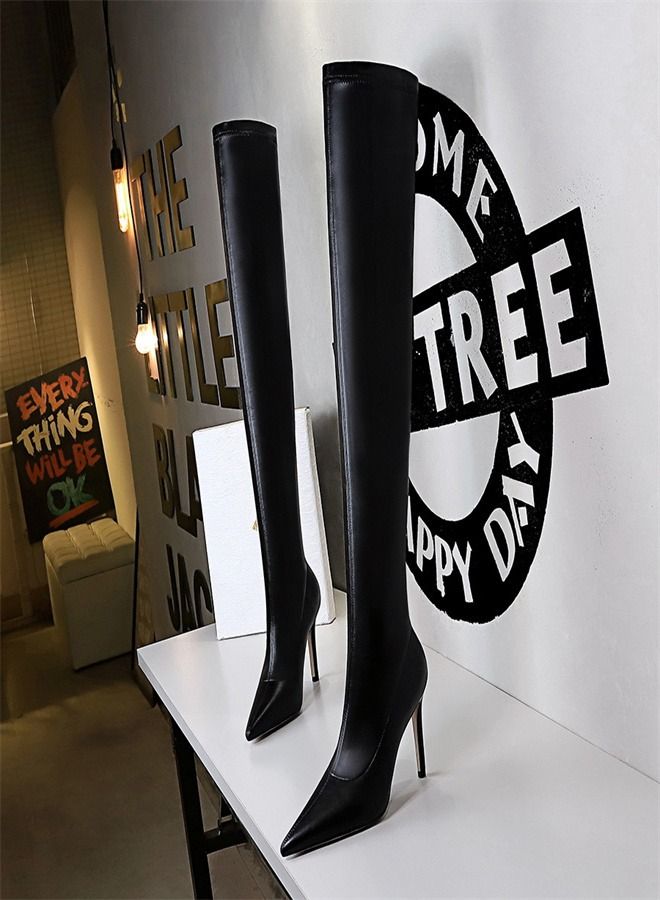 BIGTREE Pointy Knee-Length Boots 9.5CM Black  - Image 1