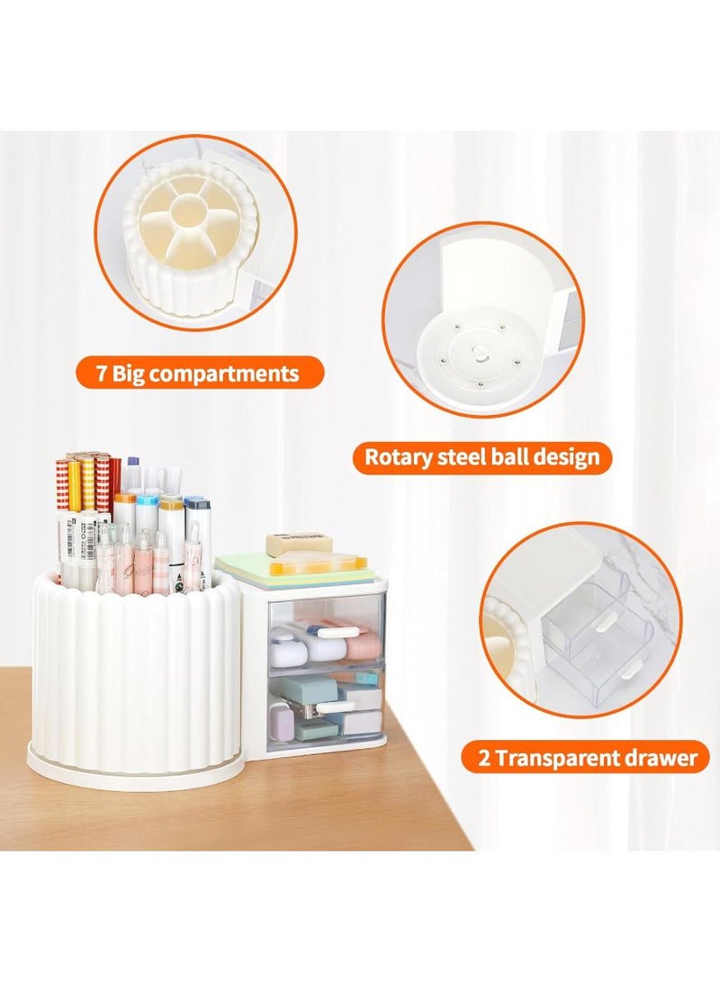 KHAJUL Rotating Office Desk Organizers and Accessories with 2 Drawer, Pencil Pen Marker Holder for Desk for Office Home Art Supplies (White) - Image 2