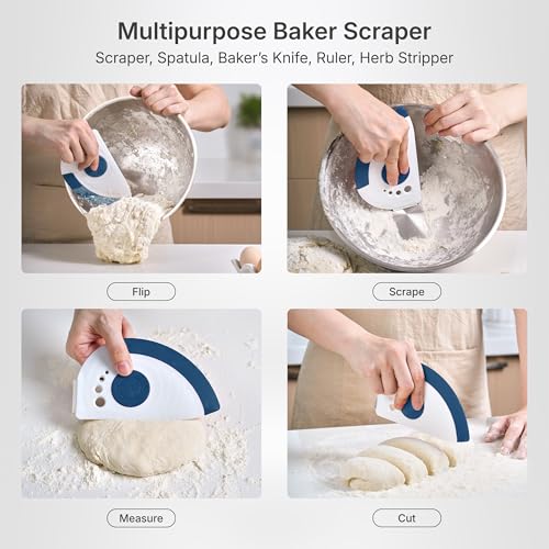 NexTrend 5in1 Dough Scraper Flexible Bowl Scraper by Nextrend Bread Scraper with Stainless Steel Edge Ruler Herb Stripper BPA Free Dishwasher Safe Blue - Image 3