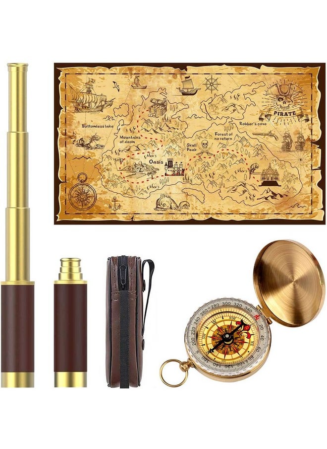 Aubric - Pirate Spyglass Telescope Treasure Map Pocket Compass Kids Toys Set Handheld Collapsible 25X30 Zoomable Monocular Polyester Fabric Huge Map & Golden Compass Boys Gift For Pirate Lovers - Image 1