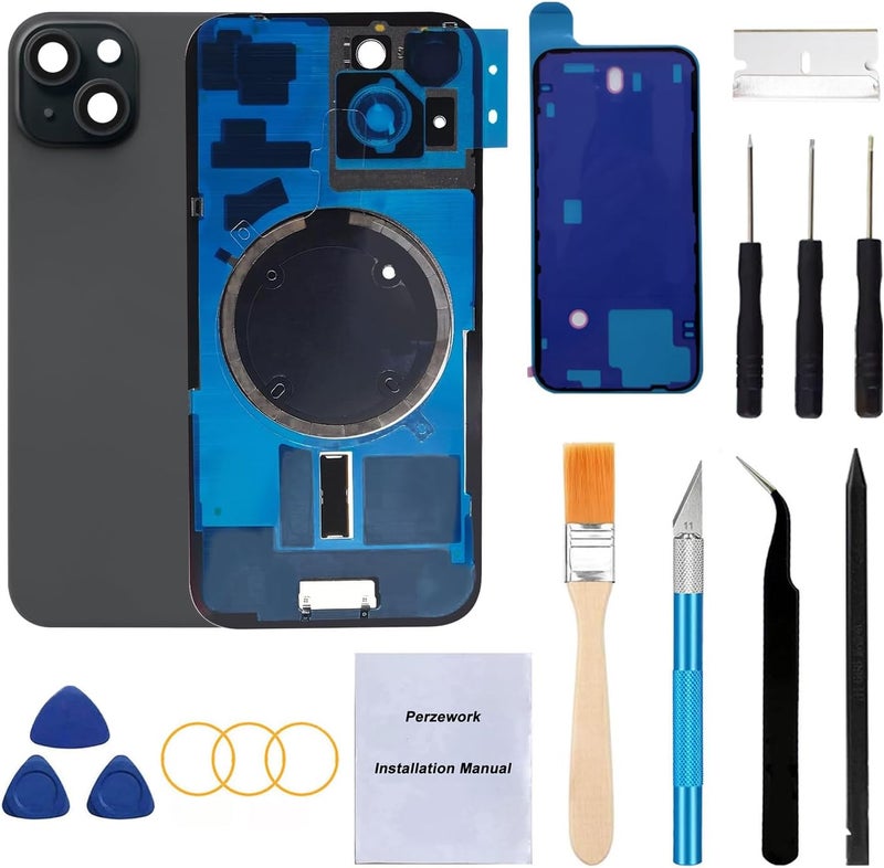 Perzework Rear Back Glass Replacement for iPhone 15 6.1-inches + Pre-Installed Plate and Camera Frame and lens + Reparing Tool Kit (Black) - Image 1