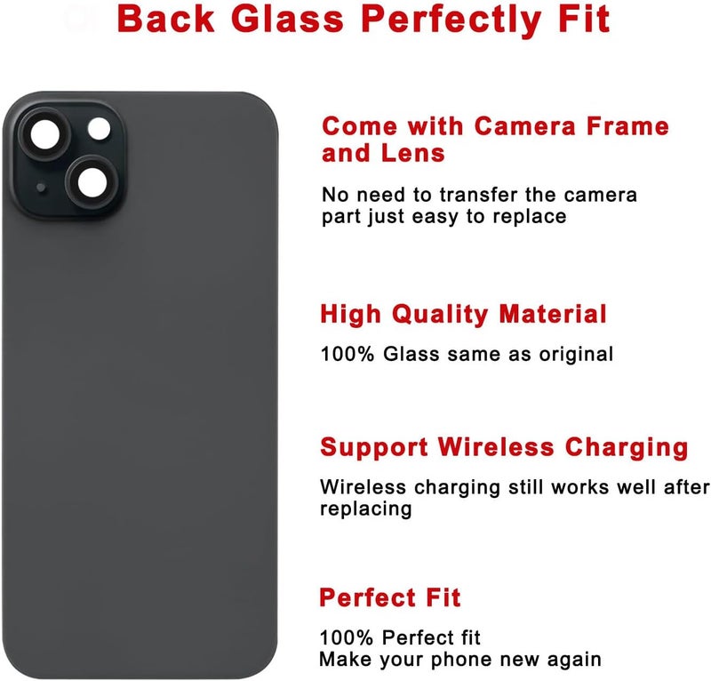 Perzework Rear Back Glass Replacement for iPhone 15 6.1-inches + Pre-Installed Plate and Camera Frame and lens + Reparing Tool Kit (Black) - Image 3