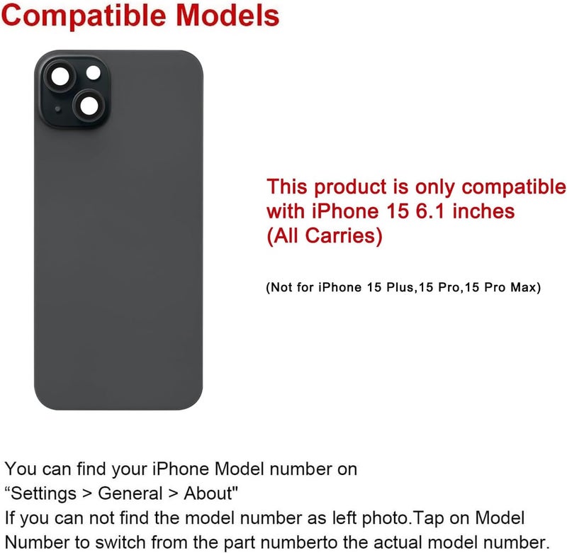 Perzework Rear Back Glass Replacement for iPhone 15 6.1-inches + Pre-Installed Plate and Camera Frame and lens + Reparing Tool Kit (Black) - Image 2