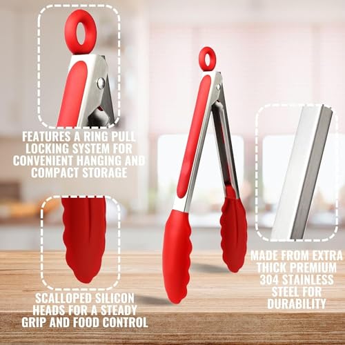 Ramkuwar with device of R Ramkuwar Silicone Cooking Tongs Kitchen Food Tongs with Stainless Steel Grip for Grilling – 9 Inch (Red) - Image 3