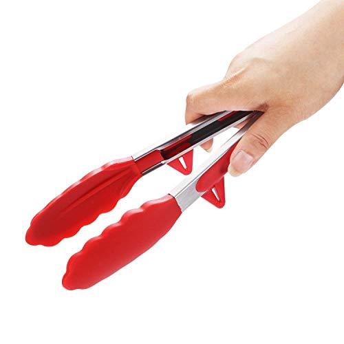 Ramkuwar with device of R Ramkuwar Silicone Cooking Tongs Kitchen Food Tongs with Stainless Steel Grip for Grilling – 9 Inch (Red) - Image 1