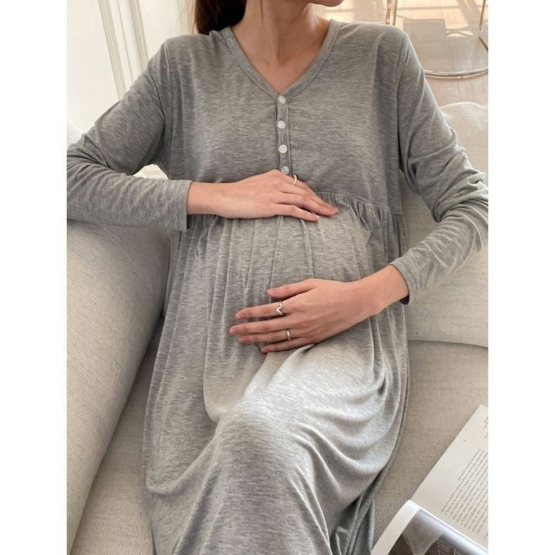 Maternity Nursing Dress with Built-in Bra, Long Sleeve V-Neck Loose Fit Korean Style Pregnancy Dress - Image 2