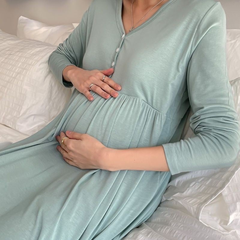 Maternity Nursing Dress with Built-in Bra, Long Sleeve V-Neck Loose Fit Korean Style Pregnancy Dress - Image 3