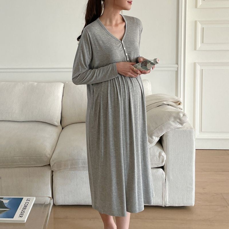Maternity Nursing Dress with Built-in Bra, Long Sleeve V-Neck Loose Fit Korean Style Pregnancy Dress - Image 4
