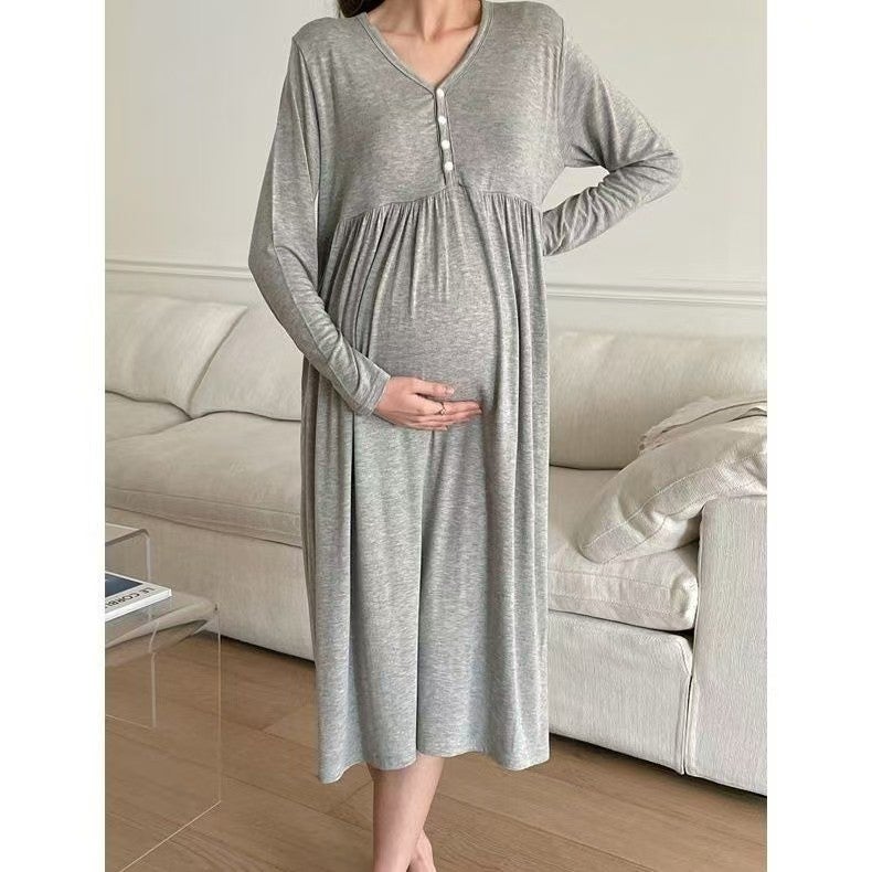 Maternity Nursing Dress with Built-in Bra, Long Sleeve V-Neck Loose Fit Korean Style Pregnancy Dress - Image 1