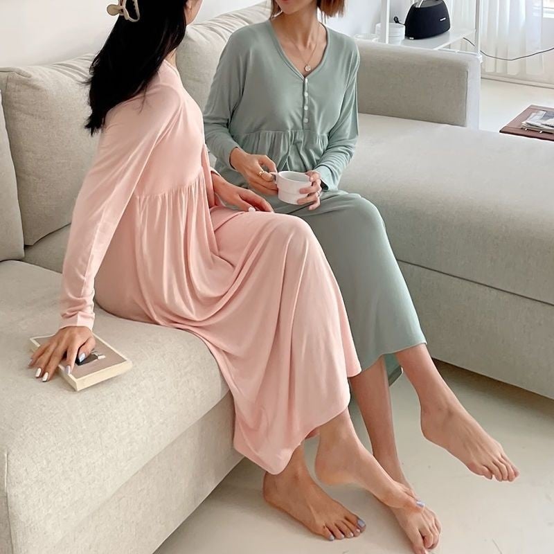 Maternity Nursing Dress with Built-in Bra, Long Sleeve V-Neck Loose Fit Korean Style Pregnancy Dress - Image 5