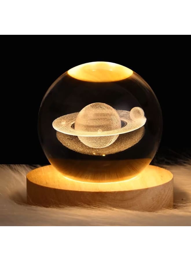 3D Crystal Ball Led Light Saturn Night Lamp Bedroom Lamp Home Decoration Lamp Perfect Gifts for Corporate Offices for House Warming (8cm Saturn Crystall Ball Led Light Wooden Base) - Image 1