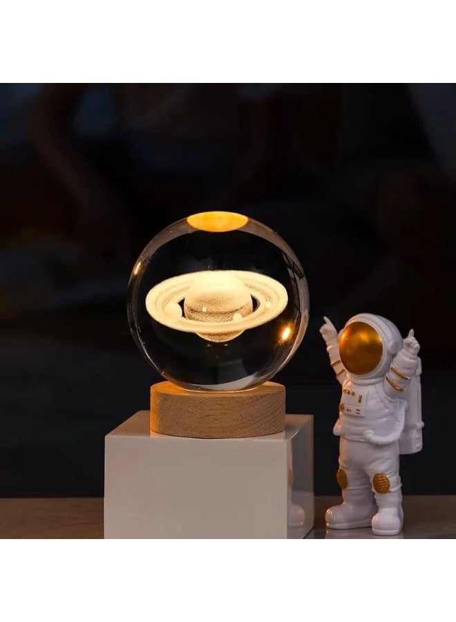 3D Crystal Ball Led Light Saturn Night Lamp Bedroom Lamp Home Decoration Lamp Perfect Gifts for Corporate Offices for House Warming (8cm Saturn Crystall Ball Led Light Wooden Base) - Image 3