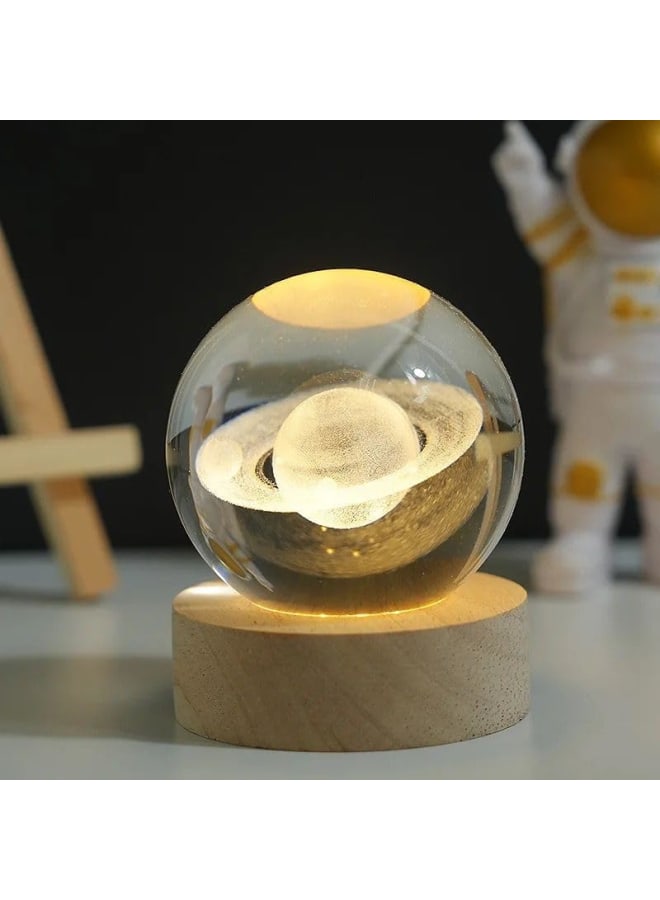 3D Crystal Ball Led Light Saturn Night Lamp Bedroom Lamp Home Decoration Lamp Perfect Gifts for Corporate Offices for House Warming (8cm Saturn Crystall Ball Led Light Wooden Base) - Image 2