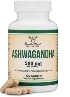 Double Wood Supplements Ashwagandha  Adaptogen Stress Relief 500mg Extract 20:1 Potency 120 Capsules 2 months supply  - Image 1