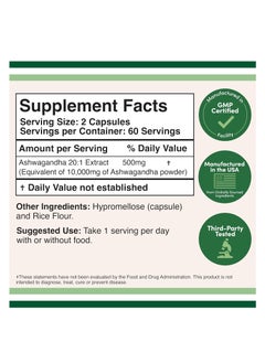 Double Wood Supplements Ashwagandha  Adaptogen Stress Relief 500mg Extract 20:1 Potency 120 Capsules 2 months supply  - Image 2