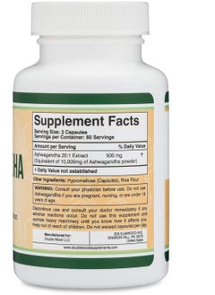 Double Wood Supplements Ashwagandha  Adaptogen Stress Relief 500mg Extract 20:1 Potency 120 Capsules 2 months supply  - Image 3