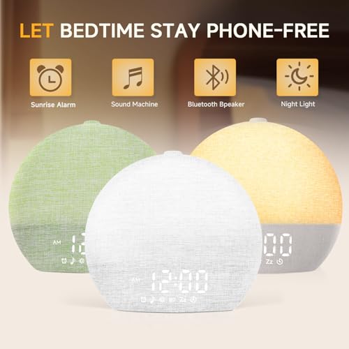 Geuuap Sunrise Alarm Clock White Noise Sound Machine for Bedroom | Natural Wake-Up Light with 30 Soothing Sleep Aids, Bluetooth Speaker, Dimmable Clock, Screen-Free Design for Baby Adults Kids-White - Image 2