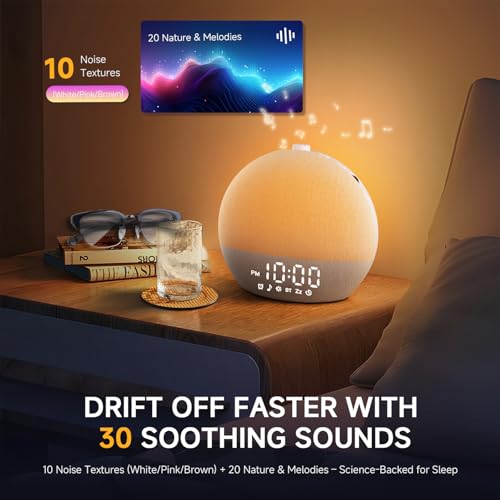 Geuuap Sunrise Alarm Clock White Noise Sound Machine for Bedroom | Natural Wake-Up Light with 30 Soothing Sleep Aids, Bluetooth Speaker, Dimmable Clock, Screen-Free Design for Baby Adults Kids-White - Image 4