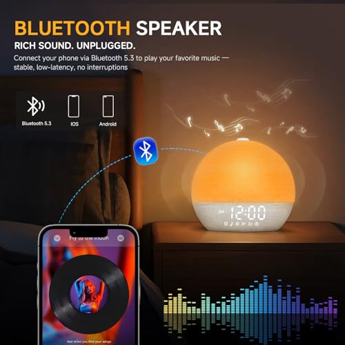 Geuuap Sunrise Alarm Clock White Noise Sound Machine for Bedroom | Natural Wake-Up Light with 30 Soothing Sleep Aids, Bluetooth Speaker, Dimmable Clock, Screen-Free Design for Baby Adults Kids-White - Image 5