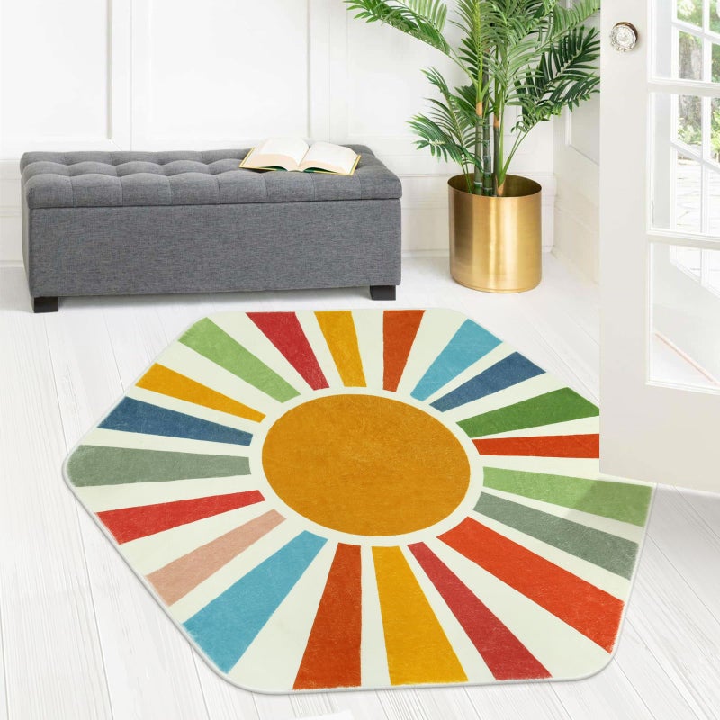 STARUIA Small Round Rug 4 Ft Washable Round Rug for Kids Room  Colorful Sun Circle Rug for Playroom  Non-Slip Circular Office Carpet Soft Rainbow Rug for Bedroom Reading Corner Dorm - Image 5