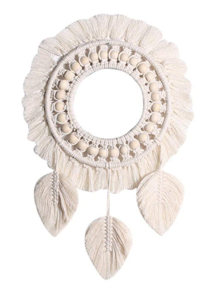 Wall Macrame Mirror Boho Fringe Decorative Mirror, Round Mirror Macrame Mirror Wall Boho Home Decor for Apartment Living Room Bedroom Baby Nursery Dorm