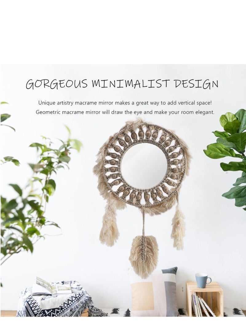 Wall Macrame Mirror Boho Fringe Decorative Mirror, Round Mirror Macrame Mirror Wall Boho Home Decor for Apartment Living Room Bedroom Baby Nursery Dorm