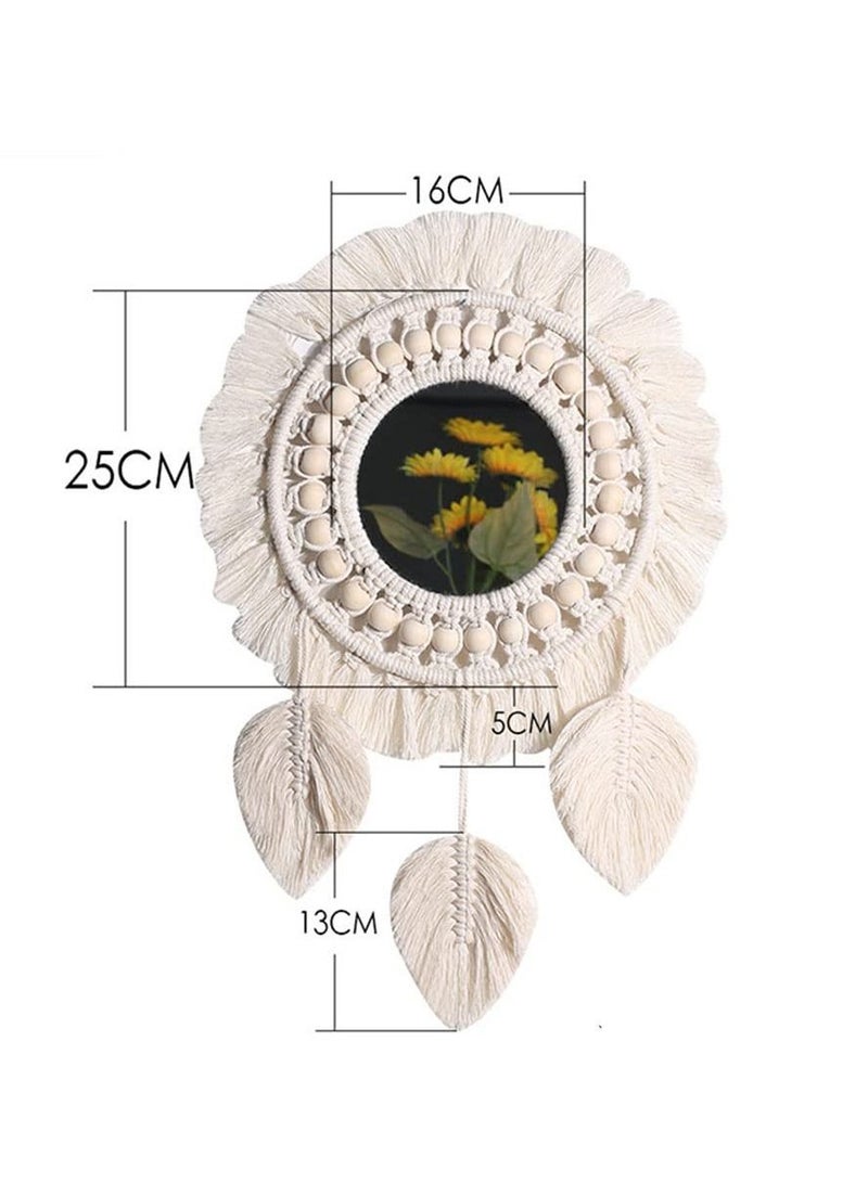 Wall Macrame Mirror Boho Fringe Decorative Mirror, Round Mirror Macrame Mirror Wall Boho Home Decor for Apartment Living Room Bedroom Baby Nursery Dorm