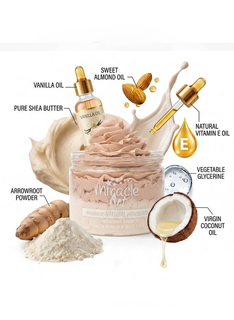 Miracle Art Whipped Soap Vanilla Dream 8.1 oz – Handmade Natural Body Wash & Shaving Cream, Rich in Shea Butter, Vitamin E & Coconut Oil, Warm Vanilla Scent, Made in UAE - Image 3