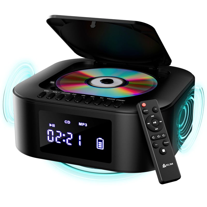 KLIM Boombox E1 CD Player Portable Audio System Extra BASS with Subwoofer FM Radio CD MP3 Bluetooth AUX USB Wired and Wireless Mode Rechargeable Battery Remote Control Black - Image 2