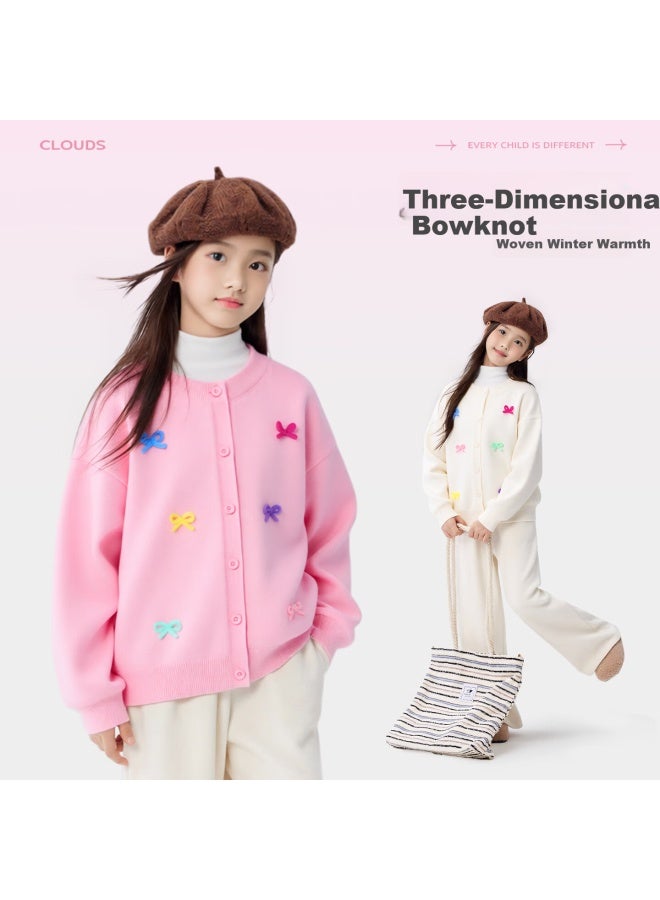 Tonlion Girls' Knitted Cardigan With Bow, Autumn Winter Soft Skin Sweater For Older Girls, Peach Pink, Size 130 - Image 1
