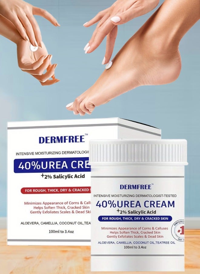 DERMFREE 100ml 40% Urea Cream with 2% Salicylic Acid Intensive Moisturizing Hydrating Urea Cream for Rough Thick Dry Cracked Feet Hand Skin Remove Corn and Callus Exfoliates Soften Thick Dead Skin - Image 1