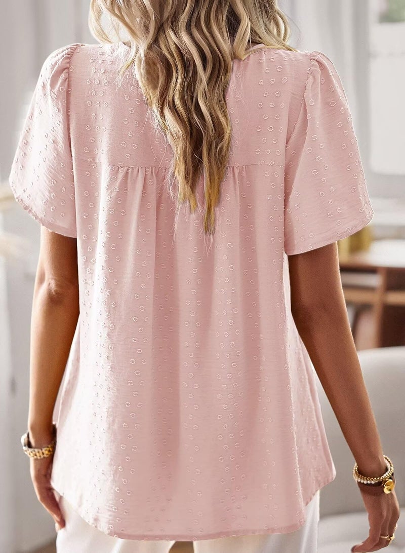 Falechay Business Casual Tops Crew Neck Smocked Short Sleeve Womens Tunic Womens Tee Shirts Peasant Spring Lace Crochet Fall Pink Blouses for Women S - Image 3