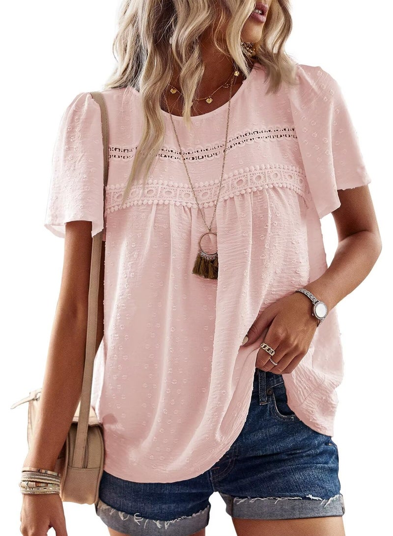 Falechay Business Casual Tops Crew Neck Smocked Short Sleeve Womens Tunic Womens Tee Shirts Peasant Spring Lace Crochet Fall Pink Blouses for Women S - Image 1