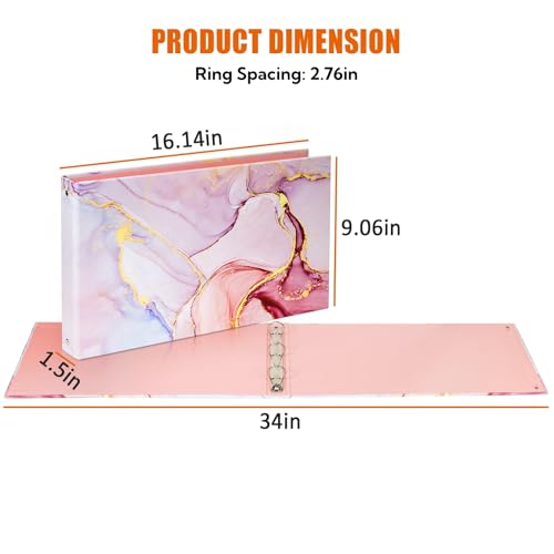 tutata Legal-Size Pink Marble Binder for 8.5 x 14 Sleeve and Paper, 3-Ring 1-Inch Landscape Spreadsheet Binder with Elastic Cord, Ring Spacing 2.76in - Image 4