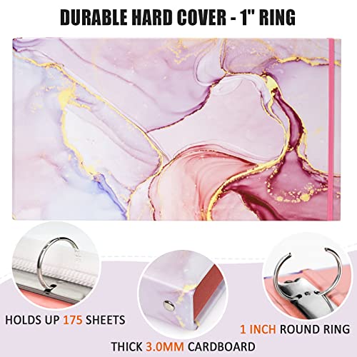 tutata Legal-Size Pink Marble Binder for 8.5 x 14 Sleeve and Paper, 3-Ring 1-Inch Landscape Spreadsheet Binder with Elastic Cord, Ring Spacing 2.76in - Image 3