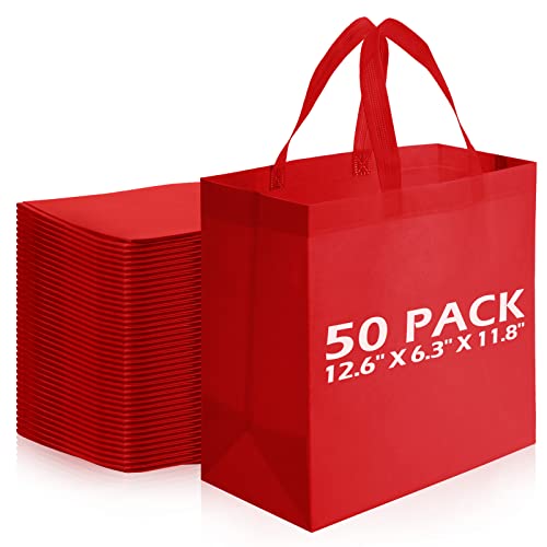 Reginary 50 Pieces Reusable Totes Bag Bulk Shopping Bags Non Woven Grocery handbag with Handles Foldable for BoutiquesRed