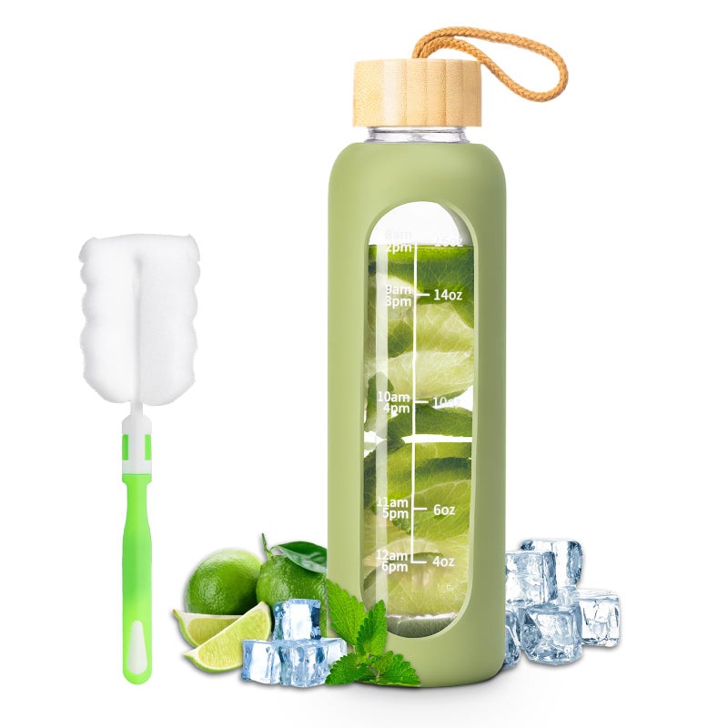FrutPunch 18 OZ Glass Water Bottles, Water Bottle with Time Marker, Leakproof Glass Water Bottles with Silicone Sleeves, Suitable for Offices and Gyms. (Green) - Image 1