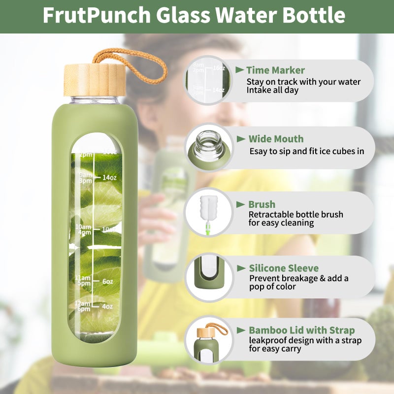 FrutPunch 18 OZ Glass Water Bottles, Water Bottle with Time Marker, Leakproof Glass Water Bottles with Silicone Sleeves, Suitable for Offices and Gyms. (Green) - Image 2